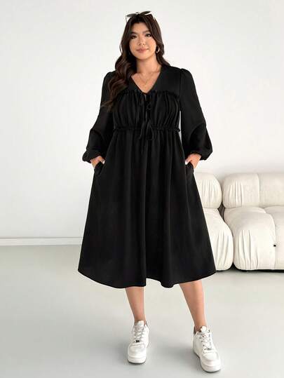 SHEIN Essnce Plus-Size Women's Autumn/Winter Fashionable Casual Loose Comfortable Everyday Versatile Black Slimming Tie-Waist Midi Dress With Pockets,Fall Outfits,Black Dress,Church Costumes
