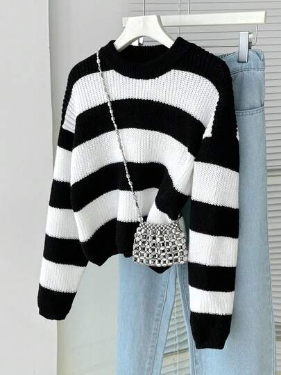 SHEIN Tween Girl Thick Knit Long Sleeve Sweater, Fashionable & Minimalist, Autumn/Winter Cropped Sweater Aesthetic Striped Sweater Cute Sweater Autumn Winter Sweater Jumper