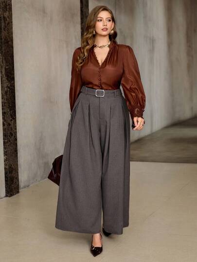 Roveilla 大码女式高腰褶皱宽松优雅阔腿裤