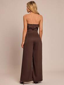 SHEIN Glamour Women's Solid Color Pleated Wide Leg Loose Fashionable Bandeau Jumpsuit - Coffee Brown - View 4
