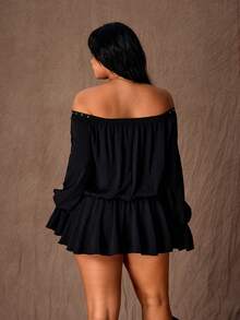 Rustia Blusa de encaje con ojales y cordones, talla grande, hombros descubiertos - Negro - Ver 2