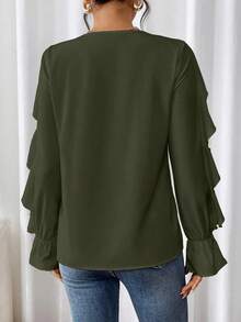 SHEIN Clasi 优雅通勤纯色荷叶边长袖衬衫 - 橄欖綠 - 查看 2