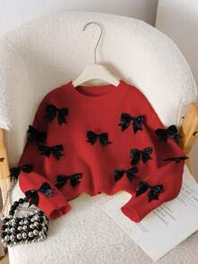 SHEIN Cute Girly Ballet Style Double Bow Cropped Crew Neck Sweater, Adorable Chunky Knit Pullover In Gray