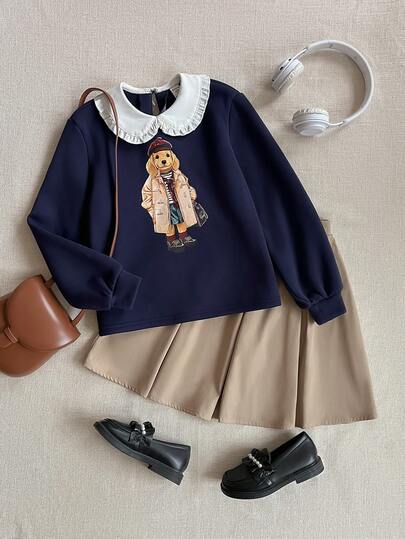 PrepCrw 2 件套青少年女孩优雅都市狗图案白领海军蓝长袖 Polo 衫和卡其色褶裙套装，适合休闲外出、旅行、聚会、度假、派对、秋冬季