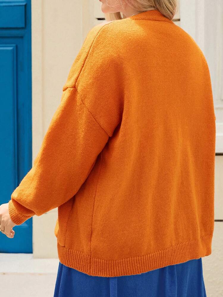 Plus Size Women Fall/Winter Casual Street Fashion Solid Color Burnt Orange Cardigan With Pockets, Autumn/Winter, Orange Sweater, Suitable For Multiple Occasions,Winter, Christmas,New Year,Halloween,Going Out,2025 New,Simple And Fashionable For Everyday Wear