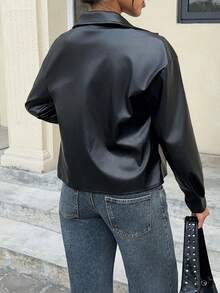 SHEIN Essnce 女士休闲纯色时尚前扣落肩宽松夹克，秋季 - 黑色 - 查看 2