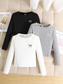 SHEIN 3件套少女休闲舒适圆领长袖T恤 - 黑色 - 查看 1