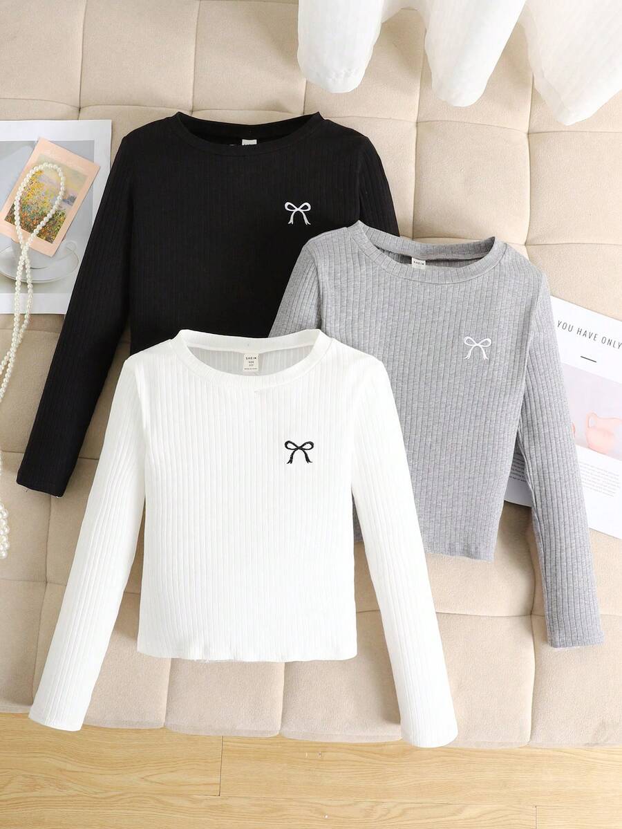 SHEIN 3件套少女休闲舒适圆领长袖T恤 - 黑色 - 查看 1