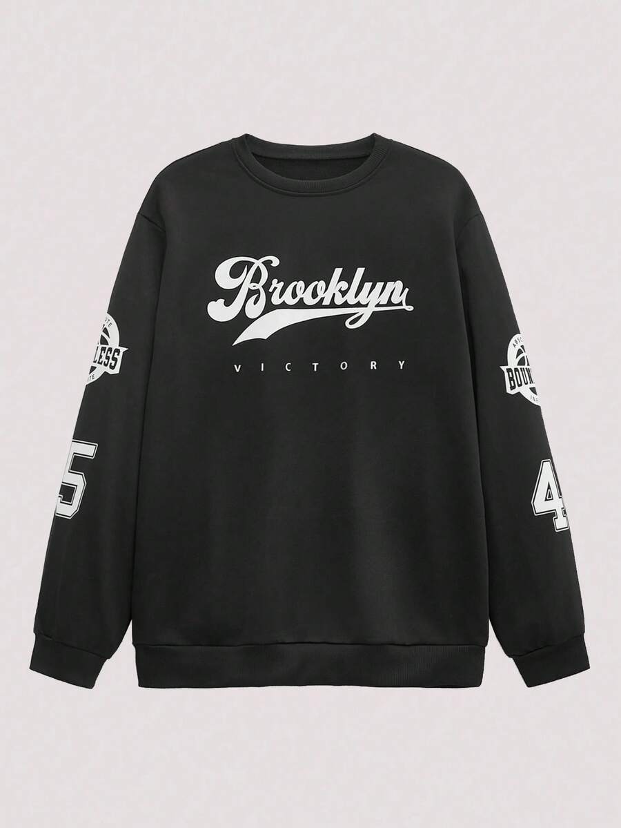 Open Phase 男士“VICTORY”图案印花圆领套头卫衣，街头风，秋冬春夏皆宜 - 黑色 - 查看 1