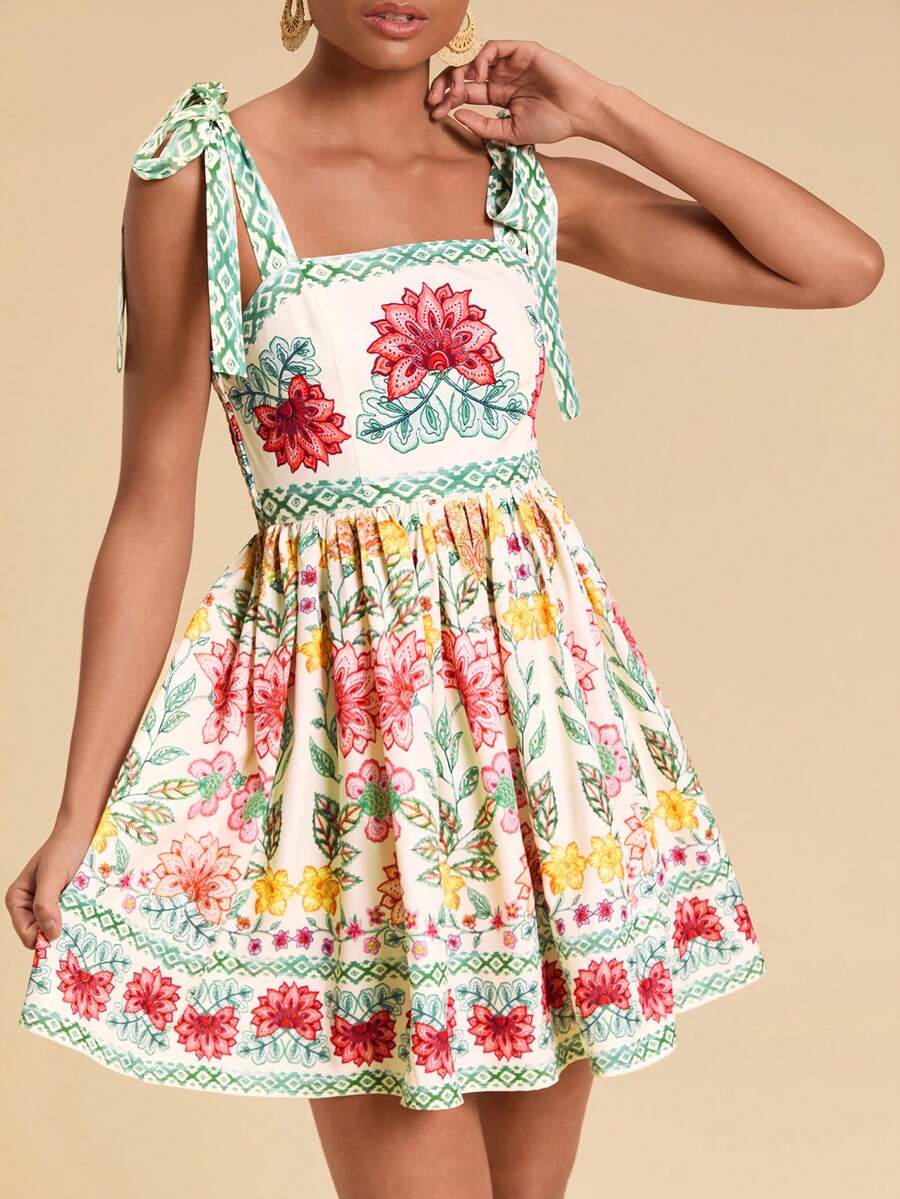 Travachic 女士彩色印花系带度假风连衣裙 - 彩色 - 查看 1