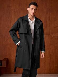 Officeau 春秋新款宽松中长款男士双排扣风衣，时尚防风外套，绅士优雅潮流街头风外套，复古富贵春夏款 - 卡其色 - 查看 3