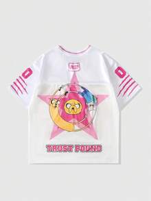 ROMWE MEN Adventure Time X ROMWE 男士狗狗印花网眼拼接运动短袖T恤，运动衫 - 粉色 - 查看 2