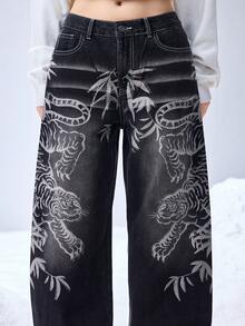 ROMWE Grunge Punk Y2K Subculture Chinese Tiger Rhinestone Embellished Loose Fit Women Jeans - Navy Blue - View 2