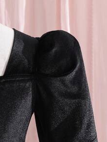 A Single-Piece Black Velvet Dress For Pre-Teen Girls Aged 8-10, Featuring A Retro Style With A Large Bow Detail, Puff Long Sleeves, And A Full Skirt. It Has A Retro And Elegant Style With Luxurious Texture, Suitable For Christmas Outfits, And Is An Exquisite And Elegant Children's Formal Dress For Autumn And Winter. - Black - View 7