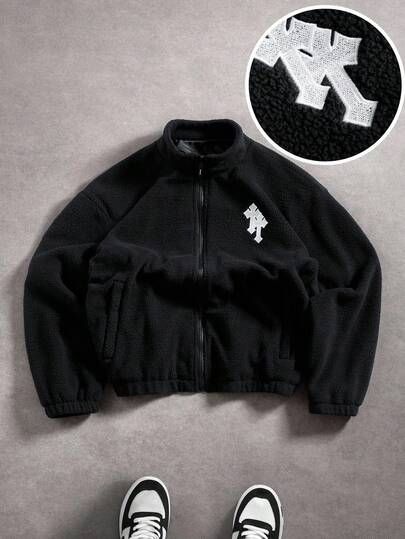 PAVTROS Men's Casual Versatile Cross Embroidery Long Sleeve Jacket, Autumn/Winter Y2k Zip Up Cropped Zip Up Men Street Wear Zip Up Zip Up Jacket,