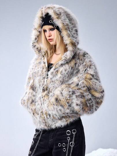 Grunge Punk Grauer Farbverlauf Polka Punkt Kunstpelz Kapuzenjacke