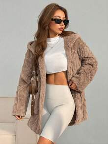 SHEIN EZwear Locker und lässiger weißer Fellmantel mit Taschen, Drop-Shoulder und Kapuze für den Winter mit langen Ärmeln - Kaffeebraun - Übersicht 3