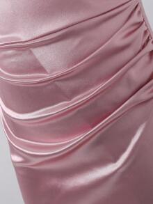 Tween Girl Elegant Minimalist Fashion Asymmetric-Shoulder Sleeveless Waist-Cinched High-Waist Long Snug Fit Slit Dress With 3D Floral Decor, Satin Shiny Fabric, Pink, Suitable For Prom, Birthday Party, Formal Occasions - Pink - View 4
