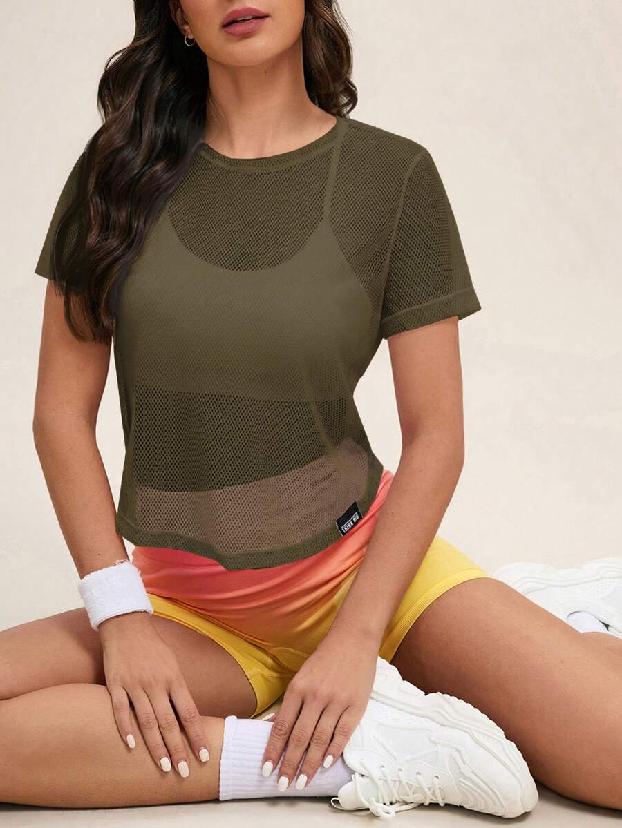 SHEIN Cheerettes 休闲纯色镂空网眼运动T恤,夏季 - 棕色 - 查看 1