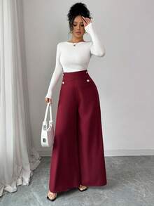 Elenzga New High Waist Wide Leg Pants With Crossover Waistband & Elegant Pearl Button Design, Versatile For Daily Wear & Commuting, Youthful & Graceful - Burgundy - View 4