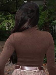 Durrani Popal Body ajustado de mujer con cuello alto y mangas raglán de unicolor - Café integral - Ver 2