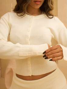 Rayane Ketlyn Knitted Button Through Cardigan Long Sleeve Tops Old Money Cute Summer Vacation Airport Holiday Fall Autumn Winter Everyday Office Christmas Work Office - Cream - View 3