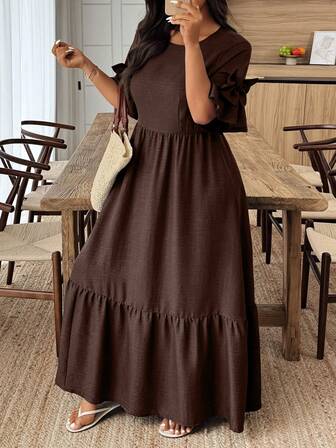 EMERY ROSE Vestido elegante de manga corta con cuello redondo y lazo decorativo para mujer de talla grande de unicolor