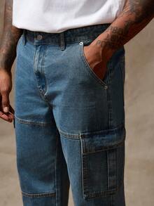 RivetRise 秋冬休闲水洗蓝湖绿直筒工装牛仔裤 - 藍色 - 查看 6