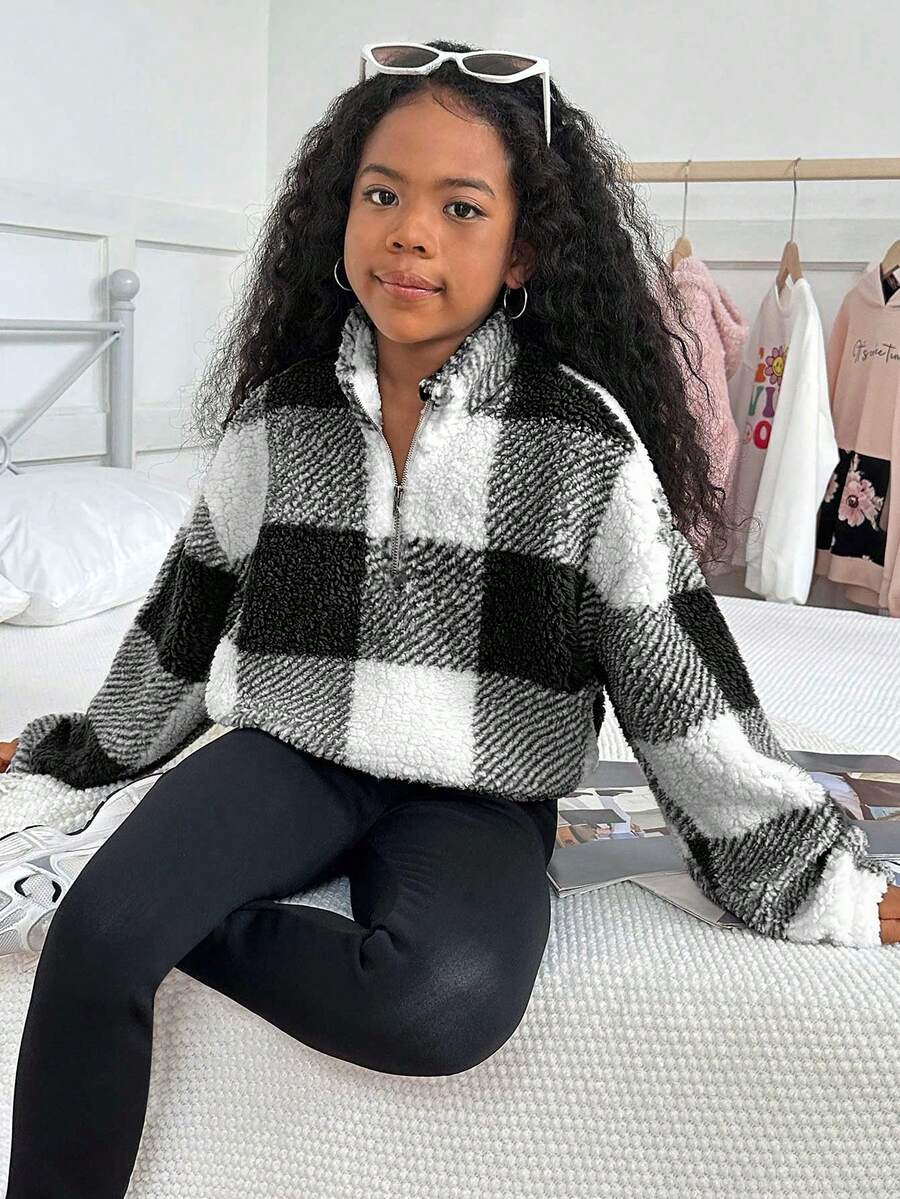 SHEIN Tween Girl Casual Reversible Plaid Fleece Funnel Neck Half-Zip Sweatshirt - Black and White - View 1
