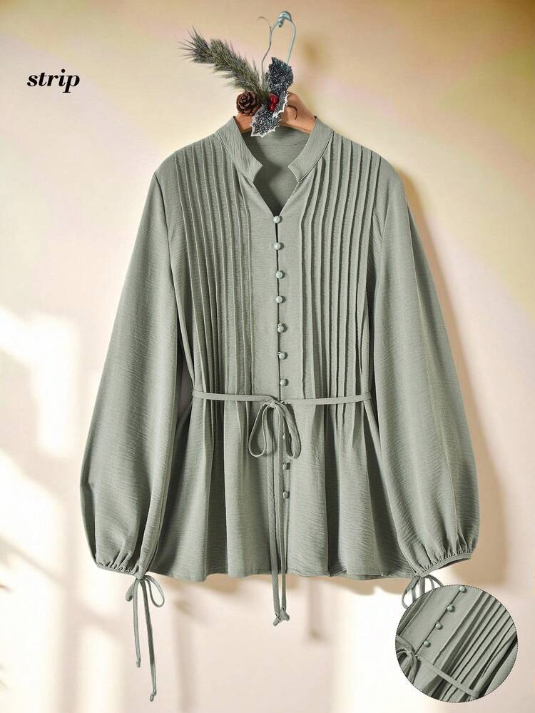 Camisa Feminina de Manga Longa com Amarração na Frente, Cor Sólida e Estilo Minimalista