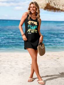 Sylviya Casual Palm Tree & Beach Graphic Sleeveless Dress, Suitable For Spring/Summer Chic Dress,Vacation - Black - View 4