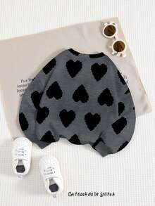少女舒适秋冬休闲时尚创意个性清新简约高端黑色爱心图案印花宽松灰色圆领卫衣，舒适秋冬女童卫衣 - 彩色 - 查看 2