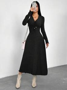 Feyla Women's Casual Solid Color Mid-Length Dress, Suitable For Commuting In Autumn - Black - View 4