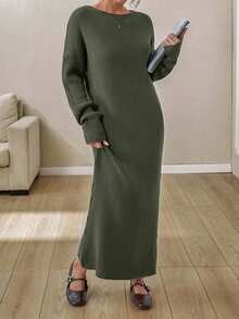 EURMUSE Boat Neck Ribbed Knit Midi Dress – Earthy Brown | Oversized Fit With Textured Stitch - Army Green - View 3