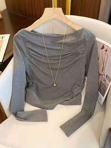 SHEIN LUNE 女式休闲纯色露肩荷叶边长袖T恤 - 灰色 - 查看 4