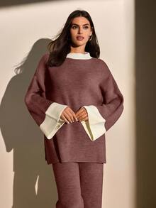 CLARA VERO WOMEN'S Two Pieces RIB KNIT SET – CARAMEL & CREAM COLORBLOCK, FLARED SLEEVE TOP WITH SIDE SLIT AND WIDE-LEG PANTS - Dusty Pink - View 4