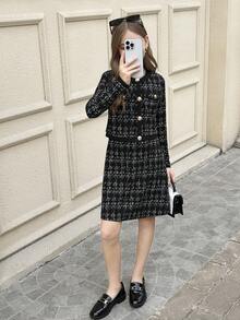 Serisse Kids 2 件青少年女孩休闲通勤时尚优雅黑白格子背带裙搭配撞色金属纽扣装饰夹克，时尚日常穿着，秋冬 - 黑與白 - 查看 6