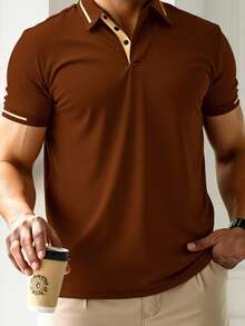 Polo de manga corta para hombre con detalles decorativos y detalles en contraste de color. - Óxido marrón - Ver 4