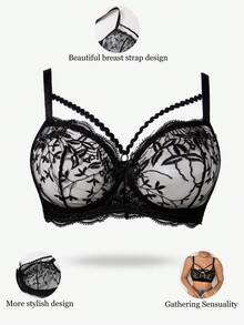 DesireSculpt 1pc Women's Wireless Mesh Embroidered Bra - Black - View 3