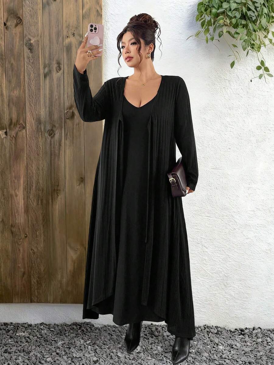 Elenzga Plus Size Black Autumn Elegant Formal Dinner Evening Two Pieces Set,Soft Elastic Waist A-Line Camisole Dress,Brushed Ribbed Long Sleeve Long Cardigan - Black - View 1