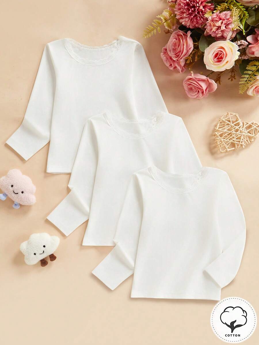 3pcs/Set Girls Lace Trim Long Sleeve Undershirt - White - View 1