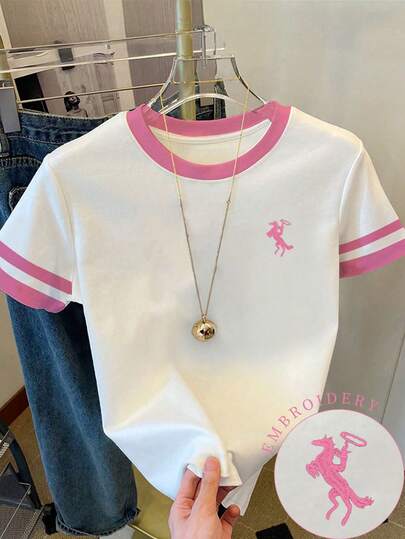 Resyla 女款T恤/保罗图案印花/刺绣工艺/女士宽松休闲撞色圆领T恤上衣/春夏