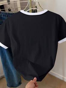 Resyla 女士休闲樱花印花圆领短袖撞色滚边T恤，夏季 - 黑色 - 查看 2