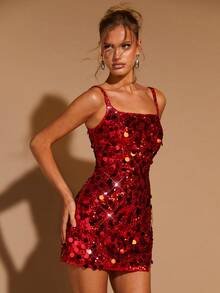 COSMINA 女士方领开衩吊带连衣裙，魅力派对礼服，鸡尾酒会礼服，晚宴礼服，红色亮片连衣裙，约会礼服，圣诞派对礼服，圣诞节礼服，新年礼服，情人节礼服，迷你连衣裙 - 紅色 - 查看 4