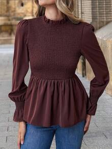 SHEIN Clasi 秋季女士优雅荷叶边宽松长袖衬衫，百搭叠穿上衣，适合秋季穿着，棕色长袖上衣，咖啡棕色上衣，秋季休闲衬衫，宽松 - 摩卡棕 - 查看 5