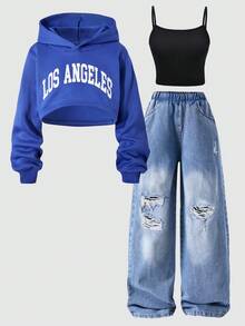 SHEIN ChillGRL 3件套：Tween City 名字印花短款连帽衫、简约肩带吊带背心和破洞阔腿牛仔裤 - 藍色 - 查看 7