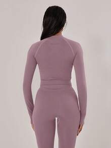 Musera Sport Stitched Seam Detail Cropped Long Sleeve Full Zip Top Jacket,Padel, Tennis, Pickleball Gym Fitness Fall Winter - Purple - View 3