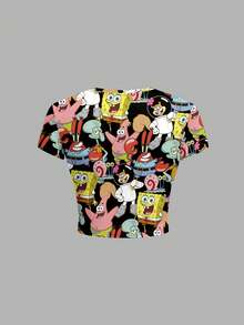 SpongeBob SquarePants | SHEIN Áo thun ngắn tay ôm sát họa tiết hoạt hình thời trang dành cho nữ, mùa hè - trắng - Xem 2