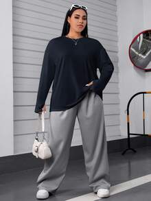 SHEIN EZwear 海军蓝加大码女式休闲宽松圆领落肩长袖T恤 - 藏蓝色 - 查看 4