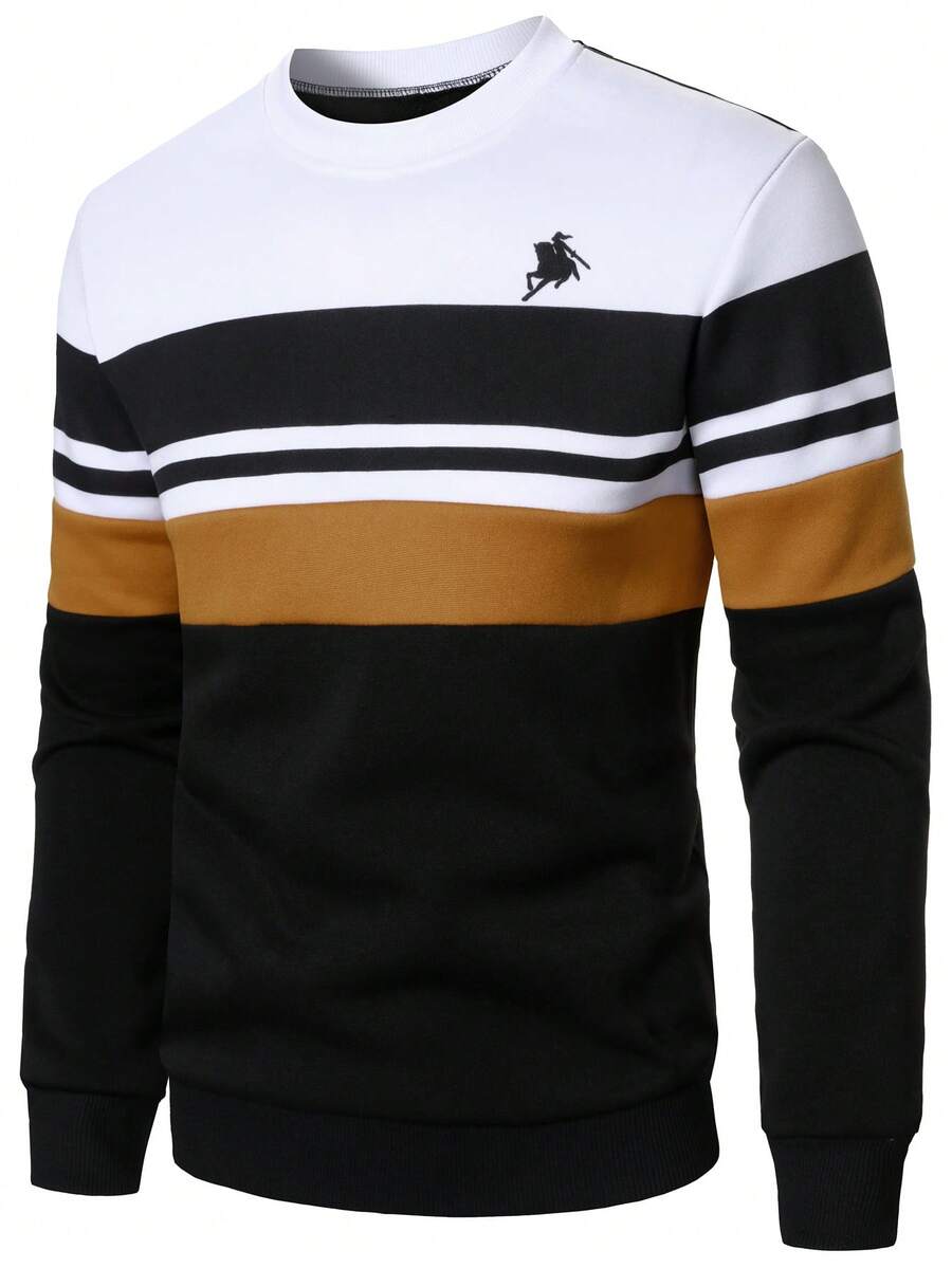 Manfinity Homme Sudadera con cuello redondo de color contrastante para hombres, top de manga larga casual y de moda para hombres, sudadera de rugby de manga larga para hombres, sudadera a rayas de manga larga - Multicolor - Ver 1